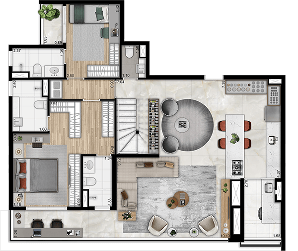 Planta 2 suítes - 75m²