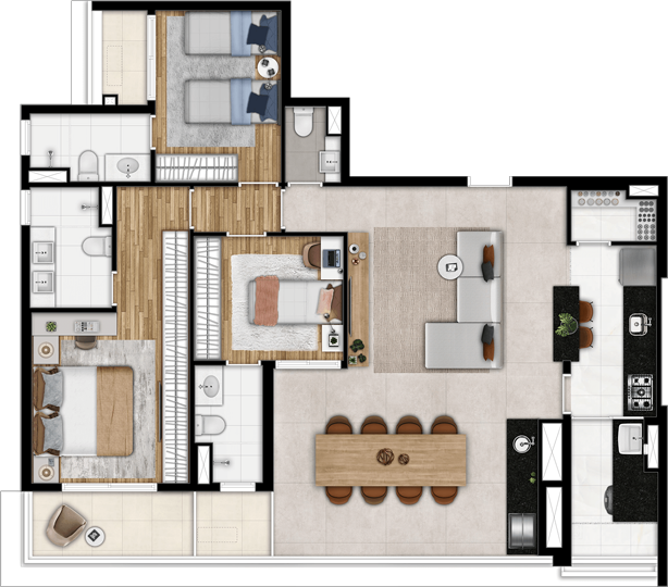 Planta 3 suítes - 118m²
