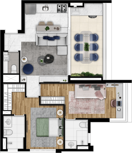 Planta 2 suítes - 75m²